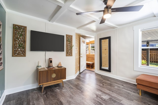 living room featuring plenty of natural light, ceiling fan, dark hardwood / wood-style floors, and coffered ceiling