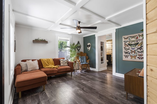 living room with beamed ceiling, dark hardwood / wood-style floors, ceiling fan, and coffered ceiling