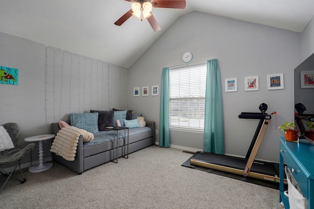 interior space featuring ceiling fan and lofted ceiling