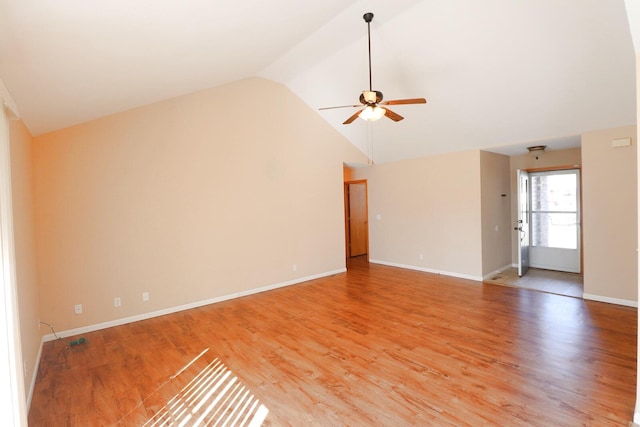 unfurnished living room with light hardwood / wood-style floors, vaulted ceiling, and ceiling fan