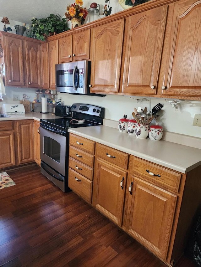 kitchen featuring appliances with stainless steel finishes and dark wood-type flooring