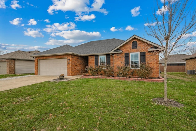 ranch-style home featuring central AC, a front lawn, and a garage