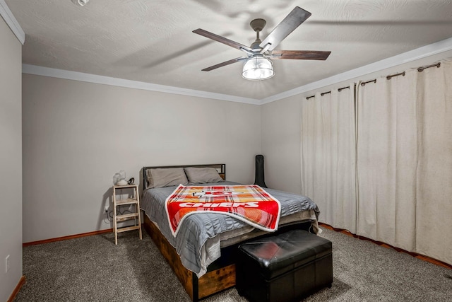 bedroom with dark colored carpet, ceiling fan, and ornamental molding