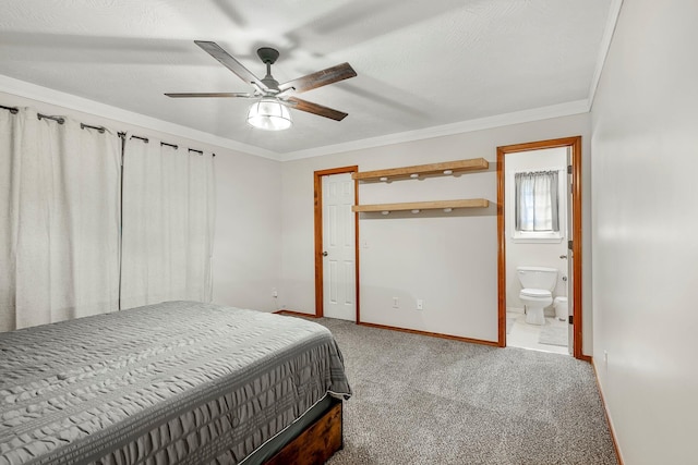 776 S Pinehurst St, Nixa, MO 65714 - carpeted bedroom featuring baseboards, connected bathroom, crown molding, and a ceiling fan