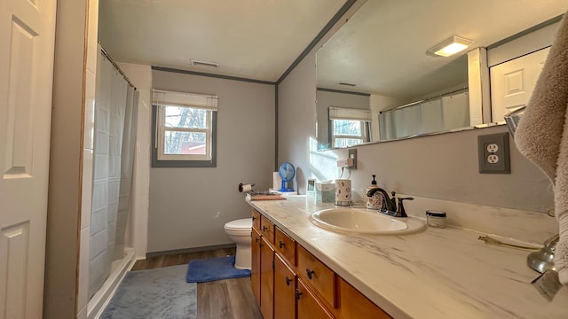 bathroom with hardwood / wood-style flooring, vanity, and toilet