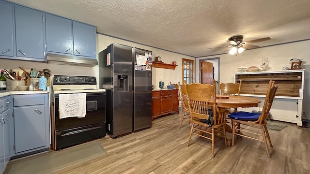 kitchen with a textured ceiling, ceiling fan, light hardwood / wood-style flooring, white electric stove, and stainless steel fridge with ice dispenser