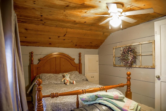 bedroom featuring ceiling fan, wood ceiling, wooden walls, and vaulted ceiling