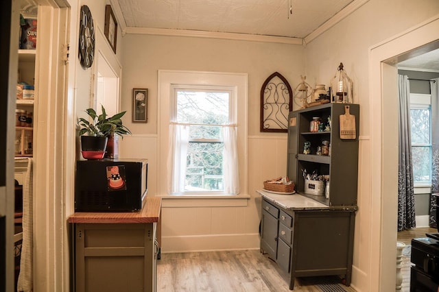 interior space featuring crown molding and light hardwood / wood-style flooring