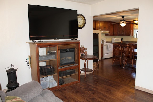 living room featuring ceiling fan and dark wood-type flooring