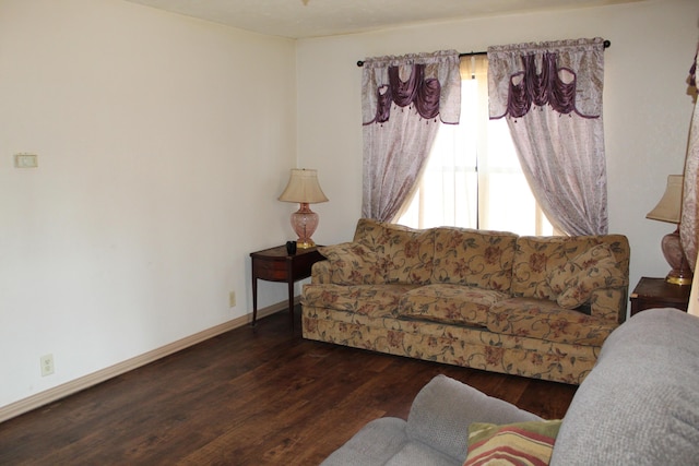 living room with dark hardwood / wood-style flooring