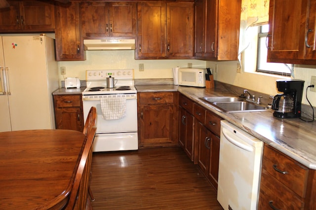 kitchen with stainless steel counters, dark hardwood / wood-style flooring, white appliances, and sink