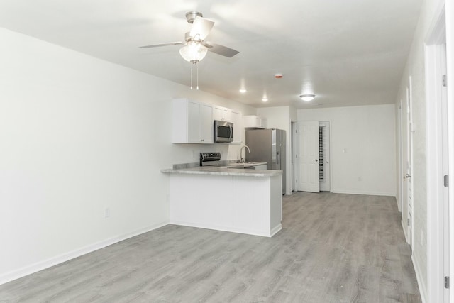 kitchen featuring kitchen peninsula, light wood-type flooring, stainless steel appliances, sink, and white cabinetry