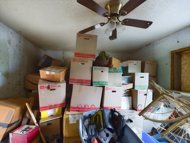 storage area featuring ceiling fan