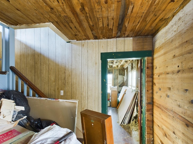 interior space featuring wooden walls and wood ceiling