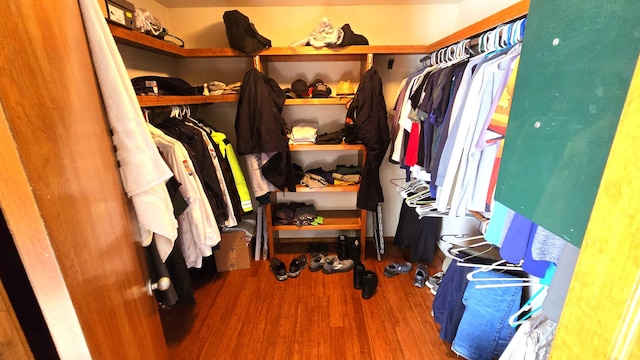 walk in closet with hardwood / wood-style floors