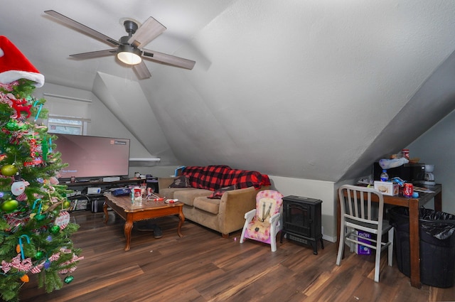 bonus room with ceiling fan, lofted ceiling, and dark wood-type flooring