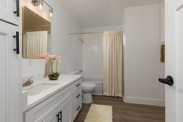 full bathroom featuring shower / bath combination with curtain, vanity, wood-type flooring, and toilet