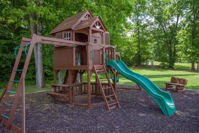 view of play area featuring a lawn