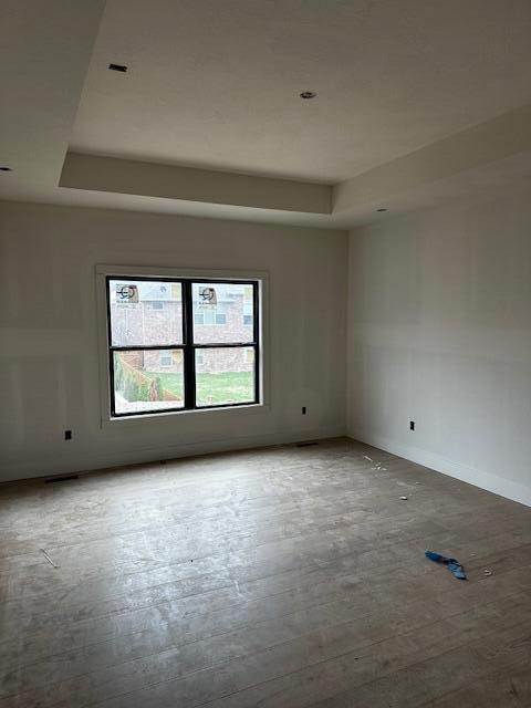 unfurnished room with a tray ceiling