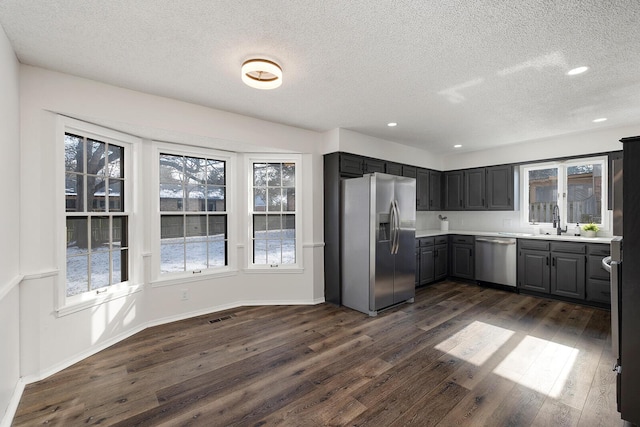 kitchen with appliances with stainless steel finishes, dark hardwood / wood-style floors, and a wealth of natural light