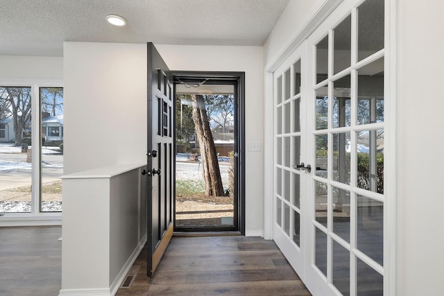 entryway with dark hardwood / wood-style flooring, a healthy amount of sunlight, and a textured ceiling