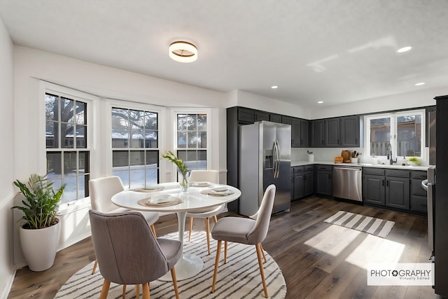 dining area with dark hardwood / wood-style flooring and sink