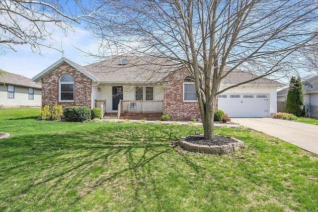 single story home with a garage, a porch, and a front yard