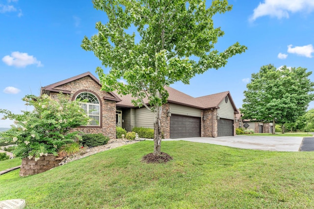 single story home with a garage, concrete driveway, stone siding, a front yard, and brick siding