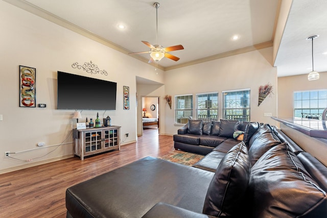 living room featuring wood-type flooring, ceiling fan, and ornamental molding