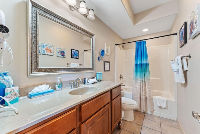 full bathroom with tile patterned floors, vanity, toilet, and shower / tub combo with curtain