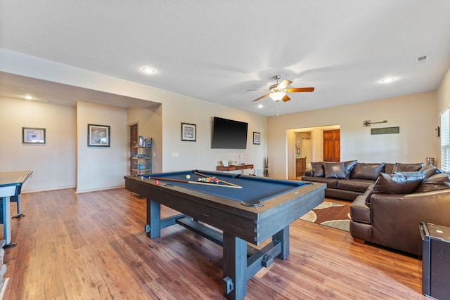 playroom featuring hardwood / wood-style flooring, ceiling fan, and pool table