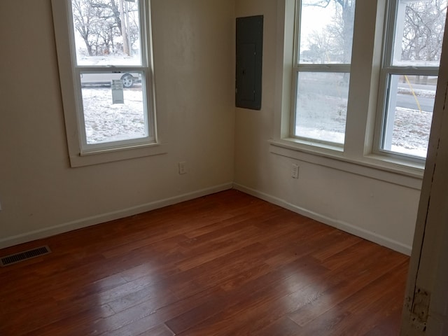 spare room featuring a wealth of natural light, electric panel, visible vents, and wood finished floors