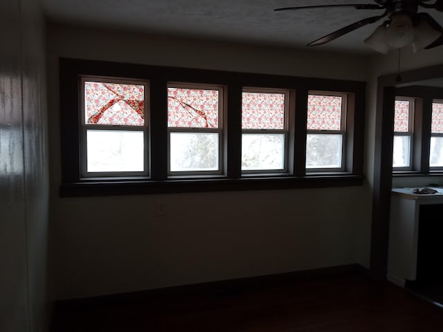 unfurnished room featuring plenty of natural light, baseboards, and ceiling fan