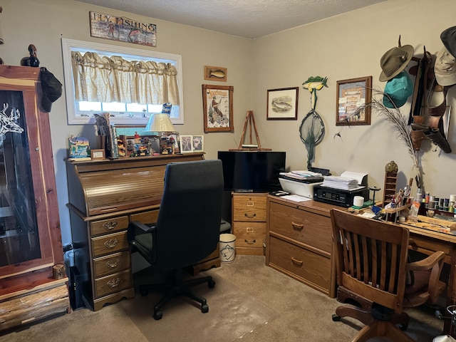 carpeted home office with a textured ceiling