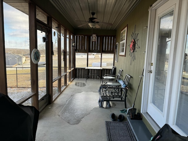 sunroom / solarium featuring ceiling fan and wooden ceiling