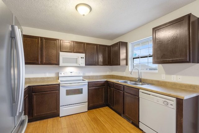 kitchen with white appliances, light countertops, a sink, and light wood finished floors