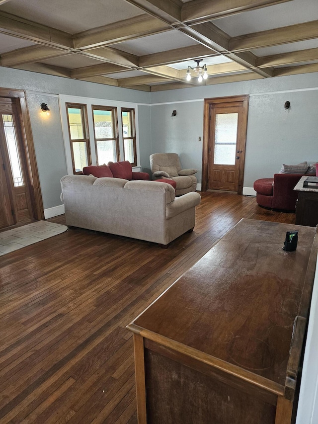 living room featuring coffered ceiling, dark hardwood / wood-style floors, and beam ceiling