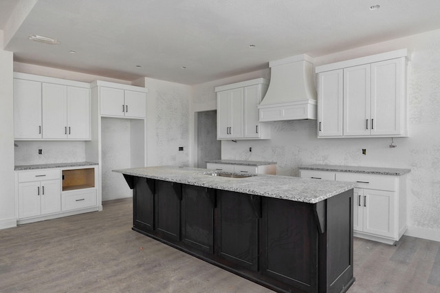 kitchen with sink, custom exhaust hood, white cabinetry, light hardwood / wood-style flooring, and a center island with sink