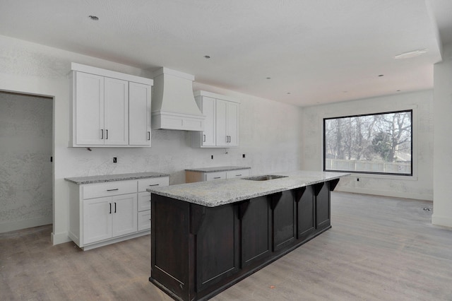 kitchen featuring white cabinetry, an island with sink, custom exhaust hood, and light wood-type flooring