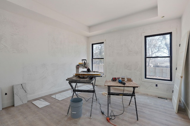 home office with a tray ceiling and light hardwood / wood-style floors