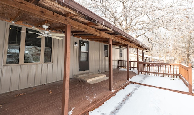 snow covered deck with ceiling fan