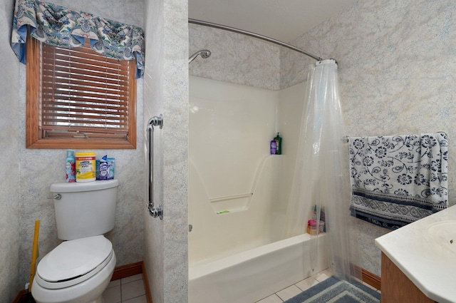 full bathroom featuring tile patterned flooring, vanity, shower / tub combo with curtain, and toilet