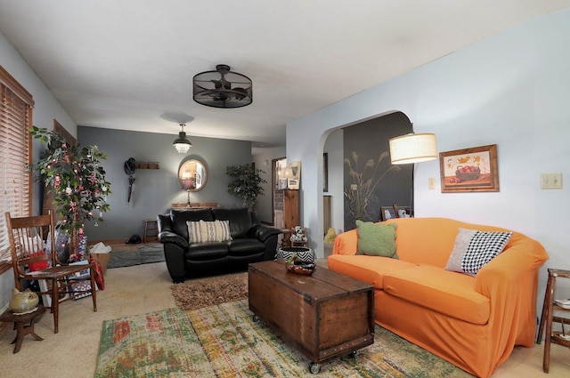 living room featuring light colored carpet