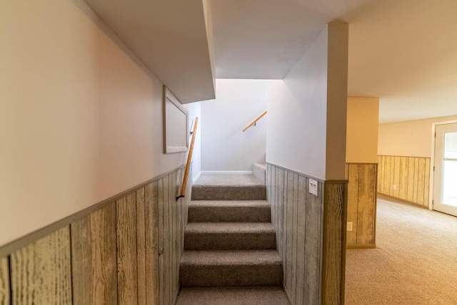 stairway with carpet flooring and wooden walls