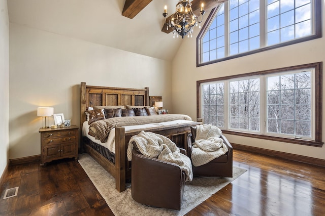 bedroom featuring beamed ceiling, dark hardwood / wood-style flooring, high vaulted ceiling, and an inviting chandelier