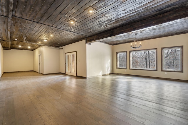 unfurnished room with hardwood / wood-style floors, wooden ceiling, beamed ceiling, and an inviting chandelier