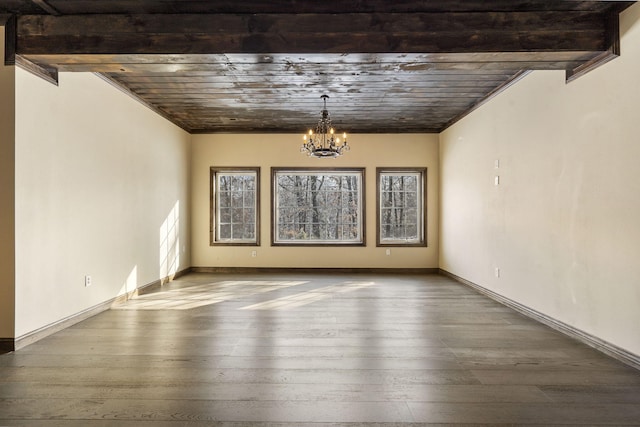 spare room featuring a chandelier, wood-type flooring, and beamed ceiling