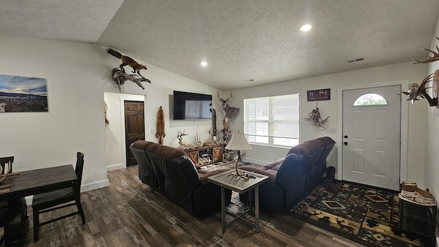 living room featuring a textured ceiling, dark wood-type flooring, and lofted ceiling