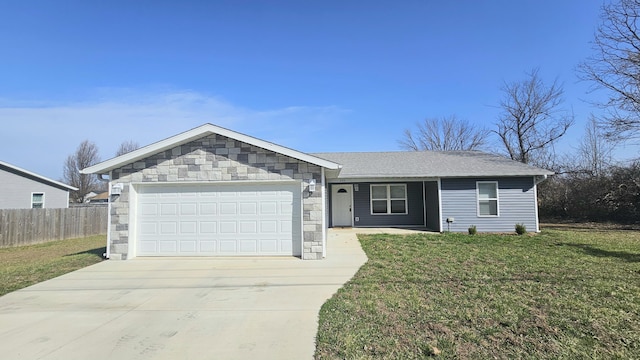 single story home featuring a garage, driveway, a front lawn, and fence