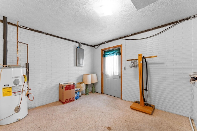 below grade area with electric panel, brick wall, a textured ceiling, carpet flooring, and water heater